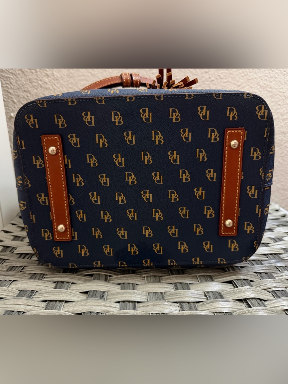 Dooney & Bourke Gretta Navy and Brown Monogram Drawstring Bucket Bag - Picture 6 of 14